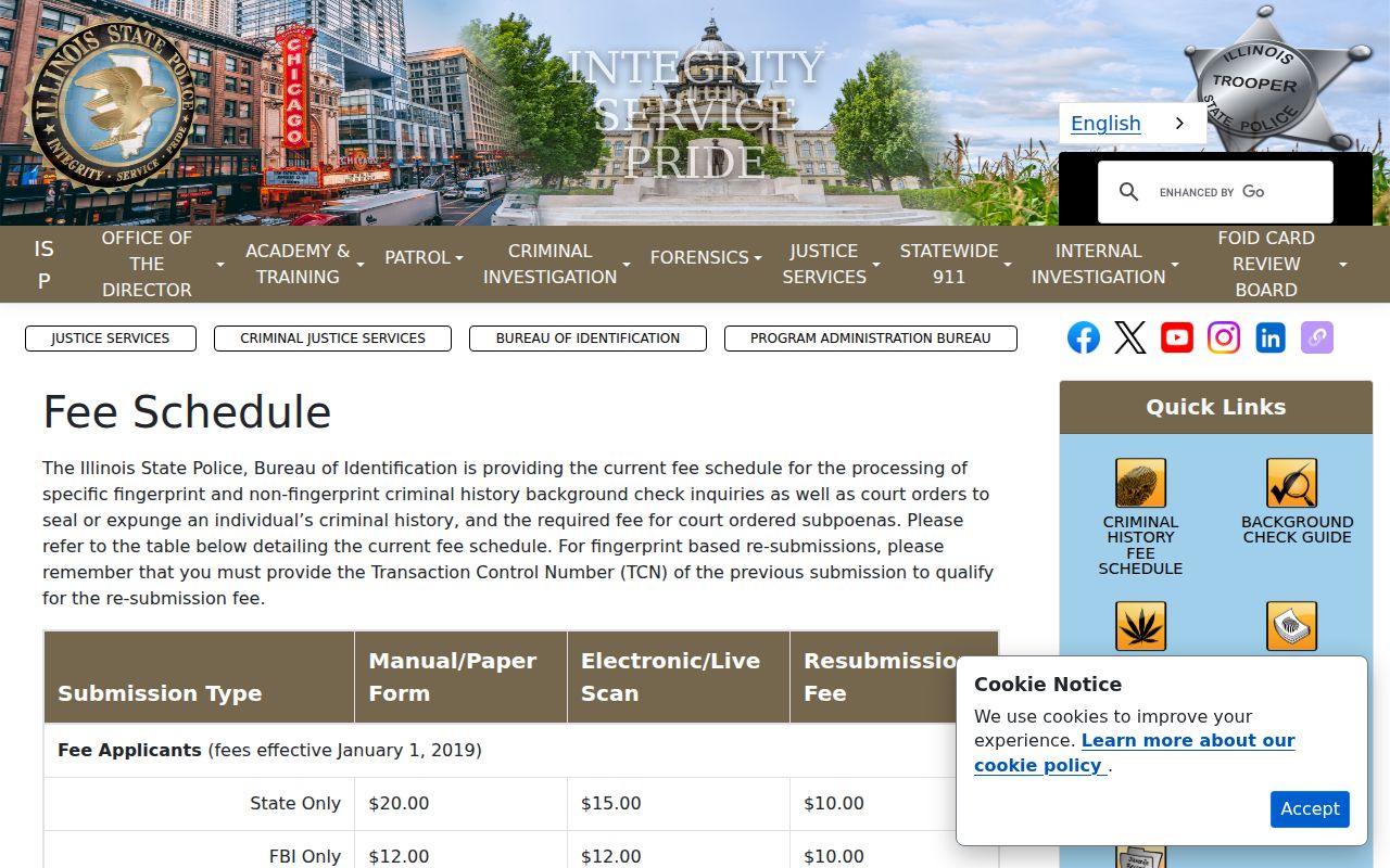 McHenry County criminal history ISP fee schedule